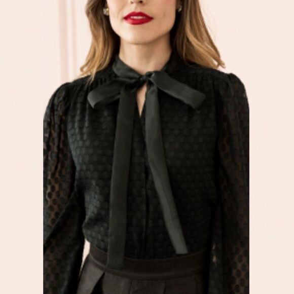 Rachel Parcell Textured Dot Black Blouse with Bow Collar Holiday Size XL - Picture 5 of 12